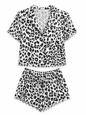 Leopard Print Pyjama Shorts Set – Black & White, Size XS GUC